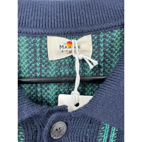 Marine Layer Arthur Sweater Button Down Cardigan Wool Blend Navy Green Stripe Lg - Picture 2 of 7